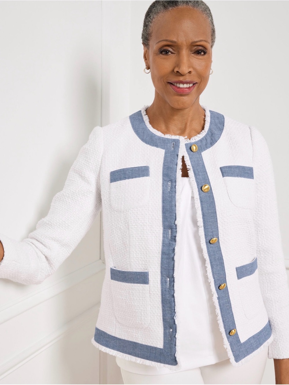 Talbots Tweed Jacket White Blue Chambray Trim Polished Gold Buttons